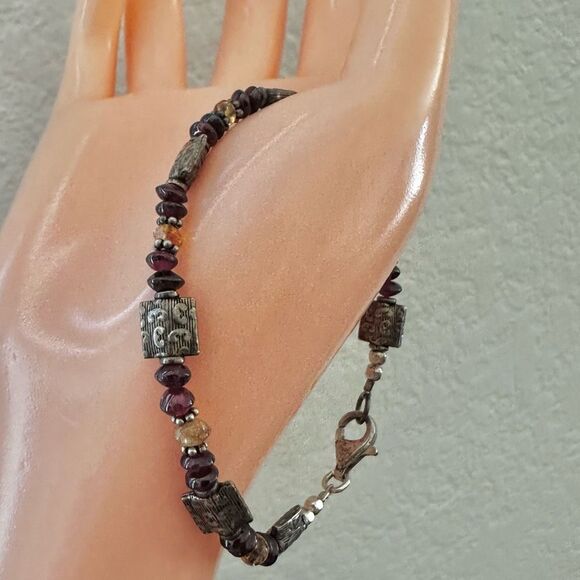 Sterling Silver Garnet & Amber Beaded Bracelet - Picture 5 of 11
